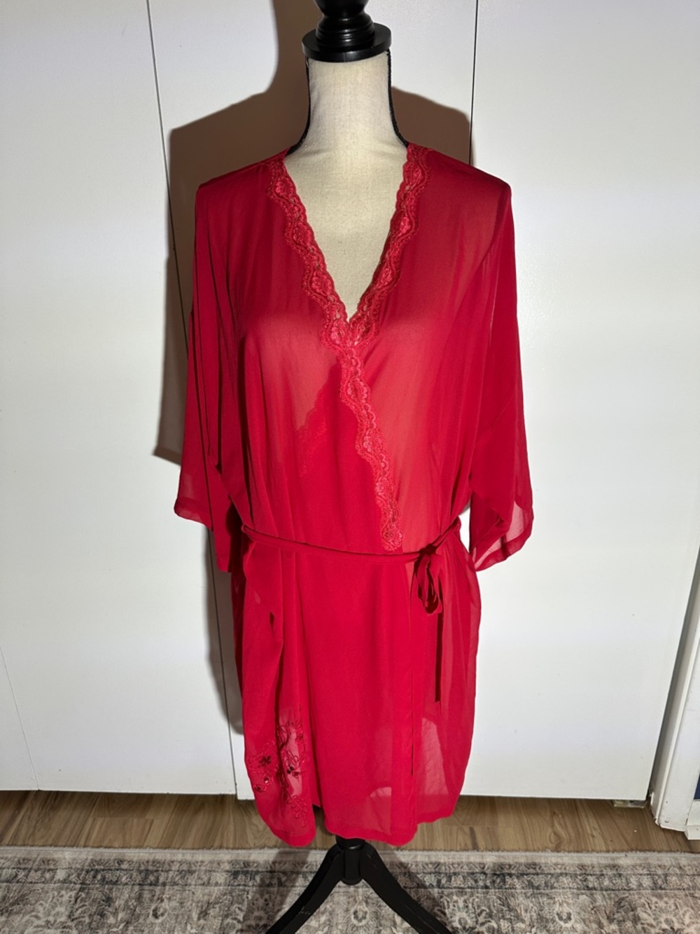 Red Lace-Trim Sheer Robe with Belt